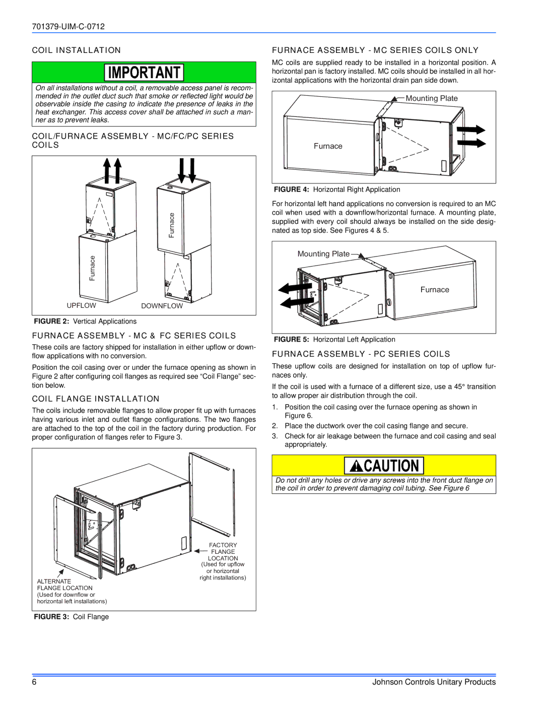 Johnson Controls TM9V*MP Coil Installation, COIL/FURNACE Assembly MC/FC/PC Series Coils, Coil Flange Installation 