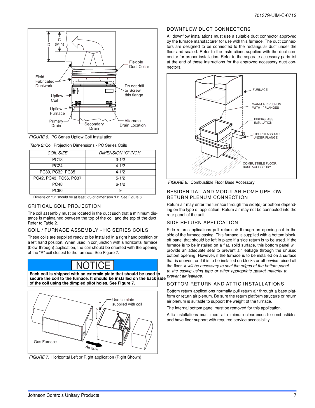 Johnson Controls TM9V*MP Downflow Duct Connectors, Critical Coil Projection, Coil / Furnace Assembly HC Series Coils 