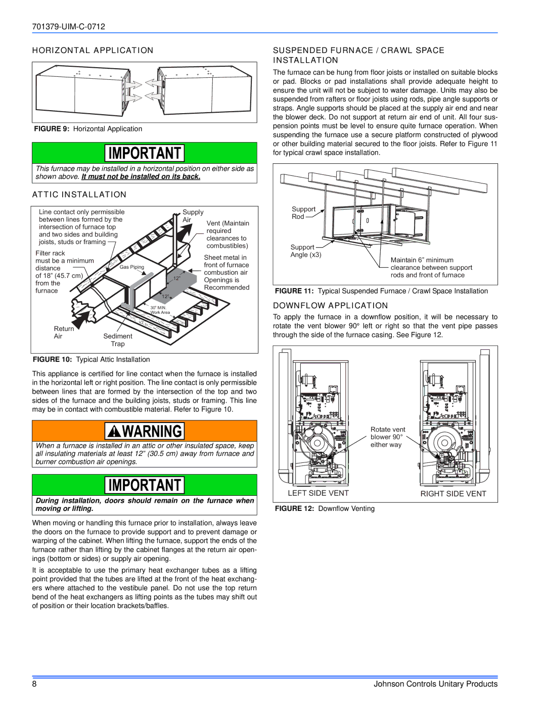 Johnson Controls TM9V*MP installation manual Horizontal Application, Downflow Application 