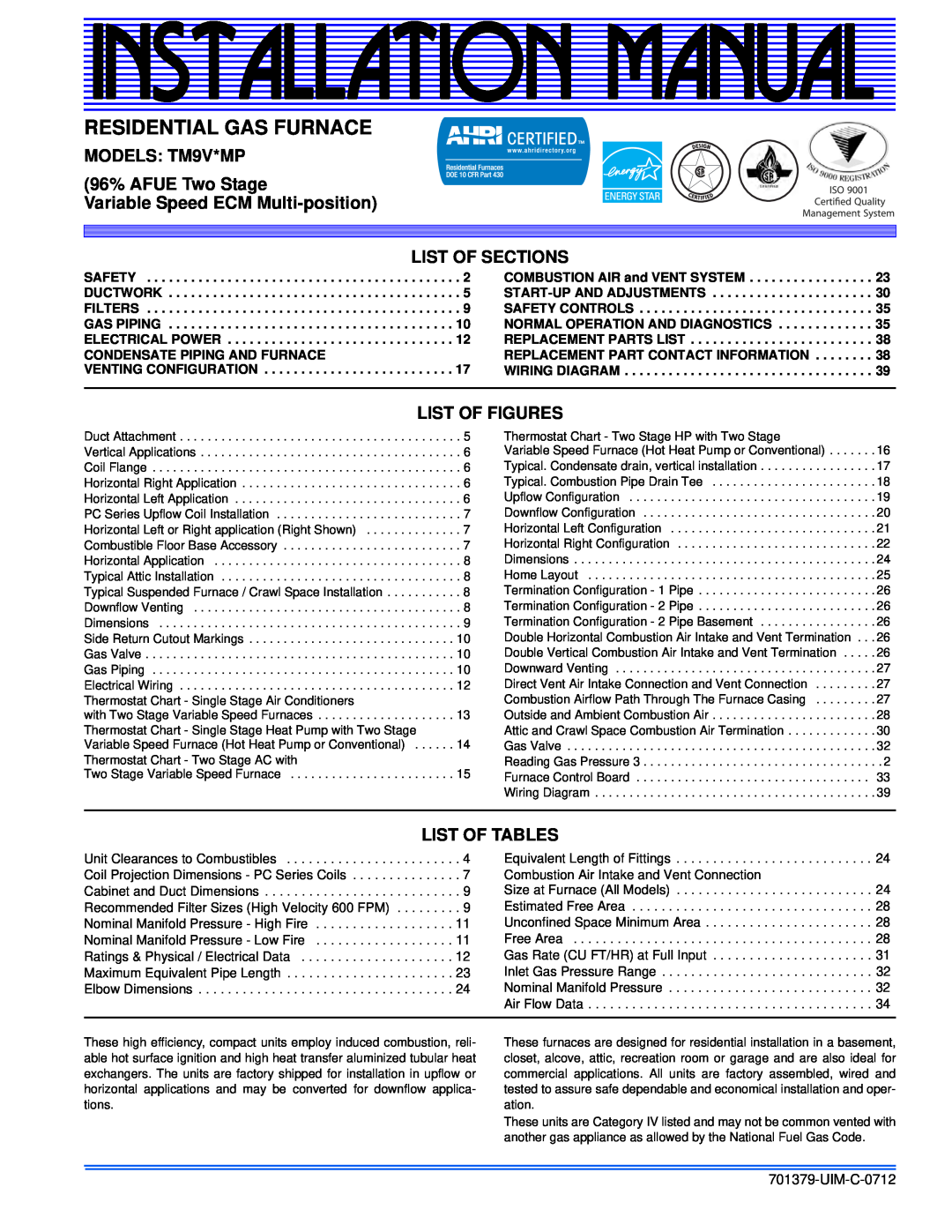 Johnson Controls TM9V*MP installation manual Installation Manual, Residential Gas Furnace, List Of Sections, UIM-C-0712 