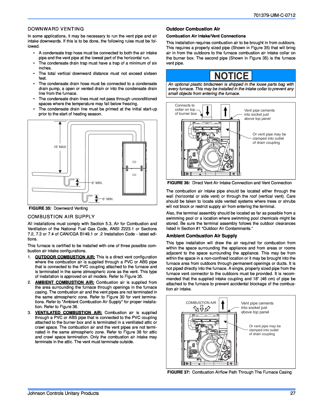 Johnson Controls TM9V*MP installation manual UIM-C-0712, Downward Venting, Outdoor Combustion Air, Combustion Air Supply 