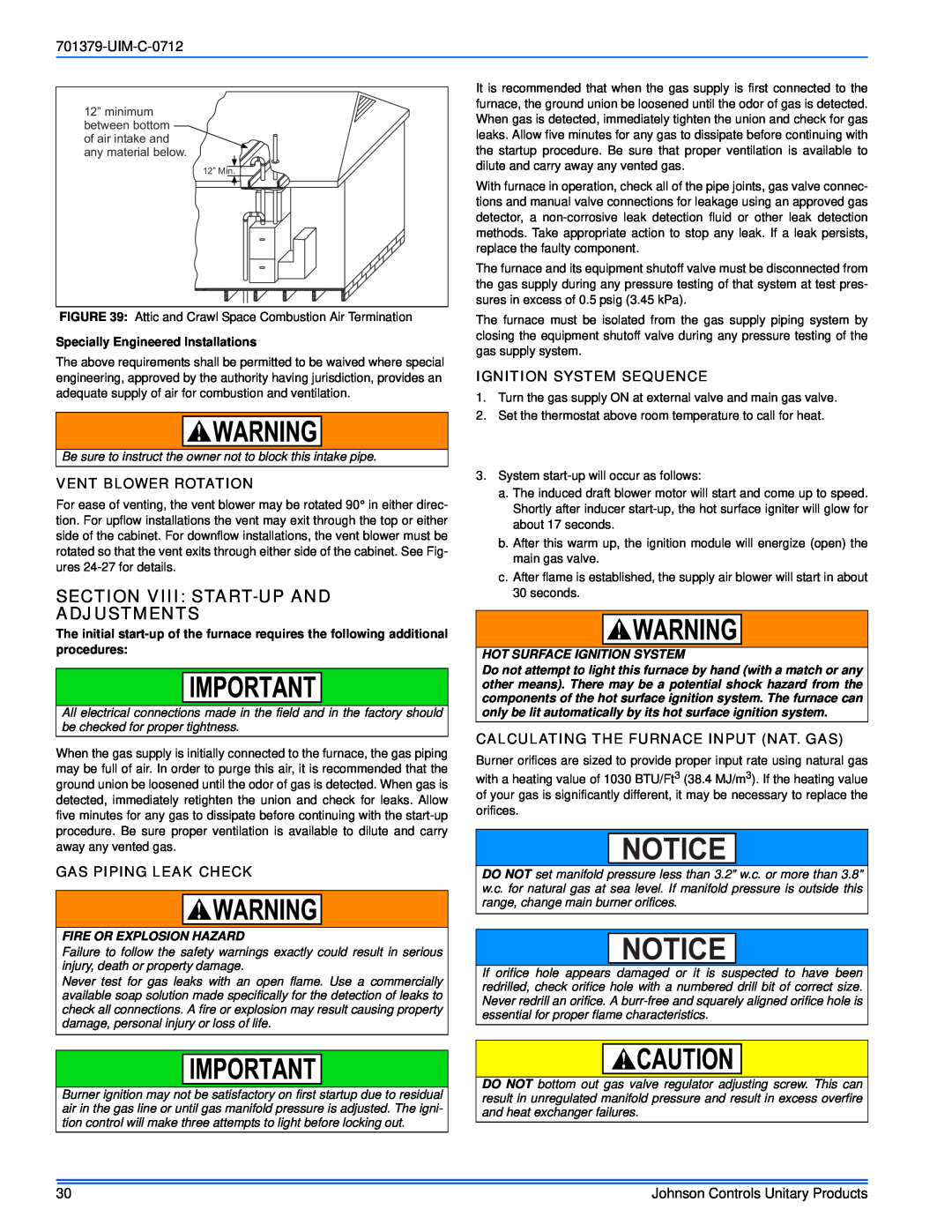 Johnson Controls TM9V*MP Section Viii Start-Upand Adjustments, UIM-C-0712, Vent Blower Rotation, Gas Piping Leak Check 