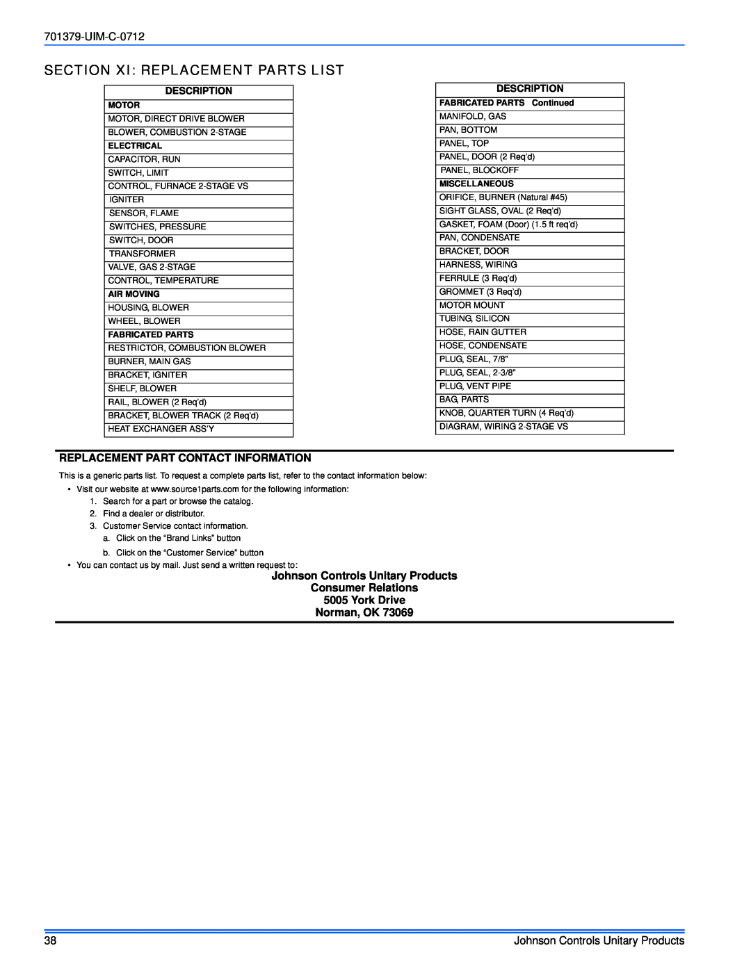 Johnson Controls TM9V*MP Section Xi Replacement Parts List, UIM-C-0712, Replacement Part Contact Information, Description 