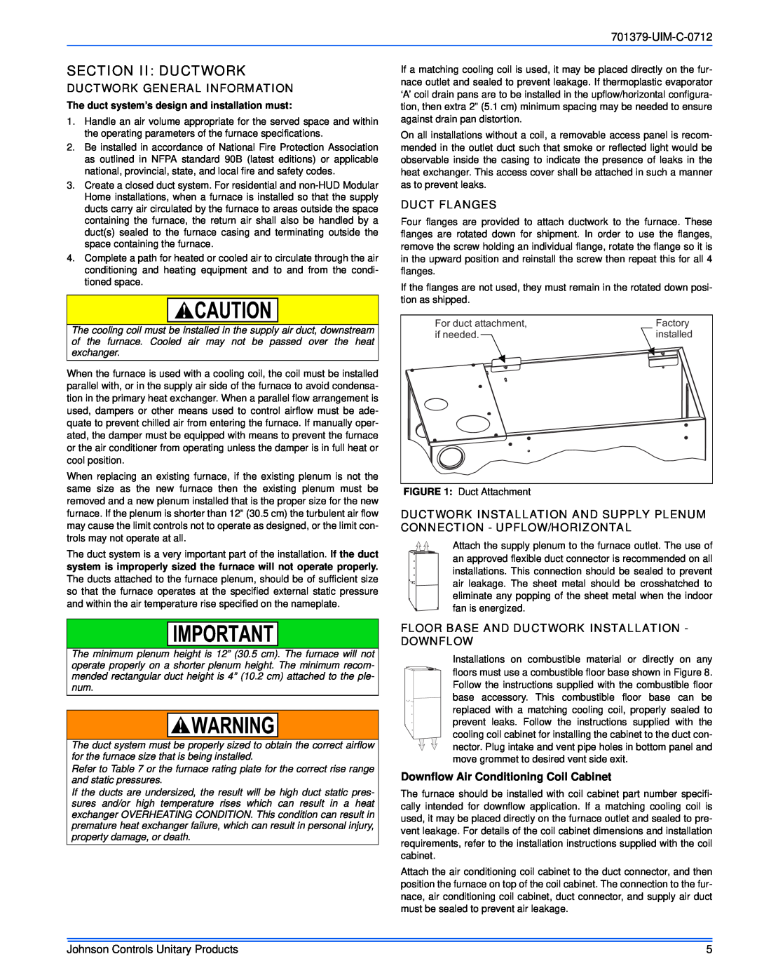 Johnson Controls TM9V*MP installation manual Section Ii Ductwork, UIM-C-0712, Ductwork General Information, Duct Flanges 