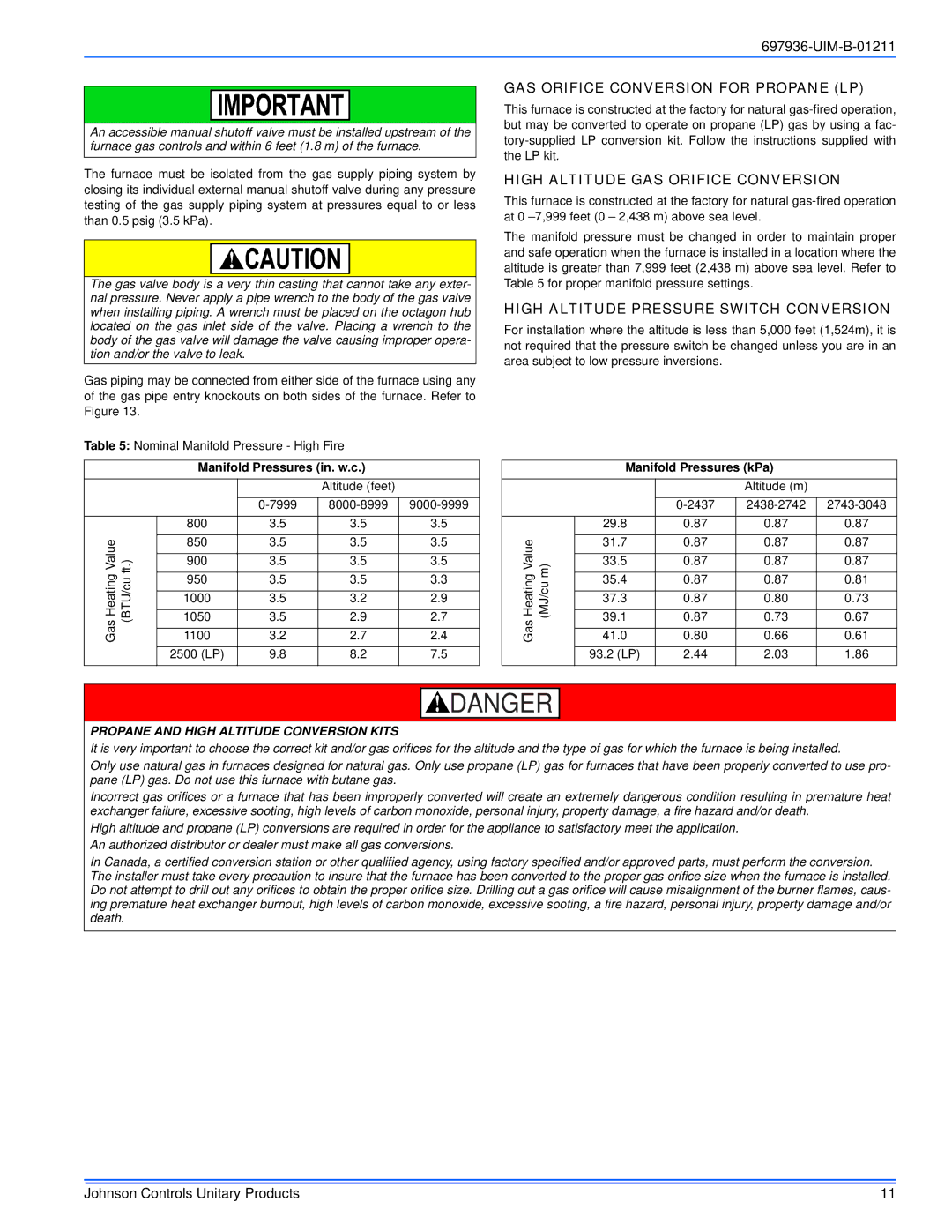 Johnson Controls TM9X*MP installation manual GAS Orifice Conversion for Propane LP, High Altitude GAS Orifice Conversion 