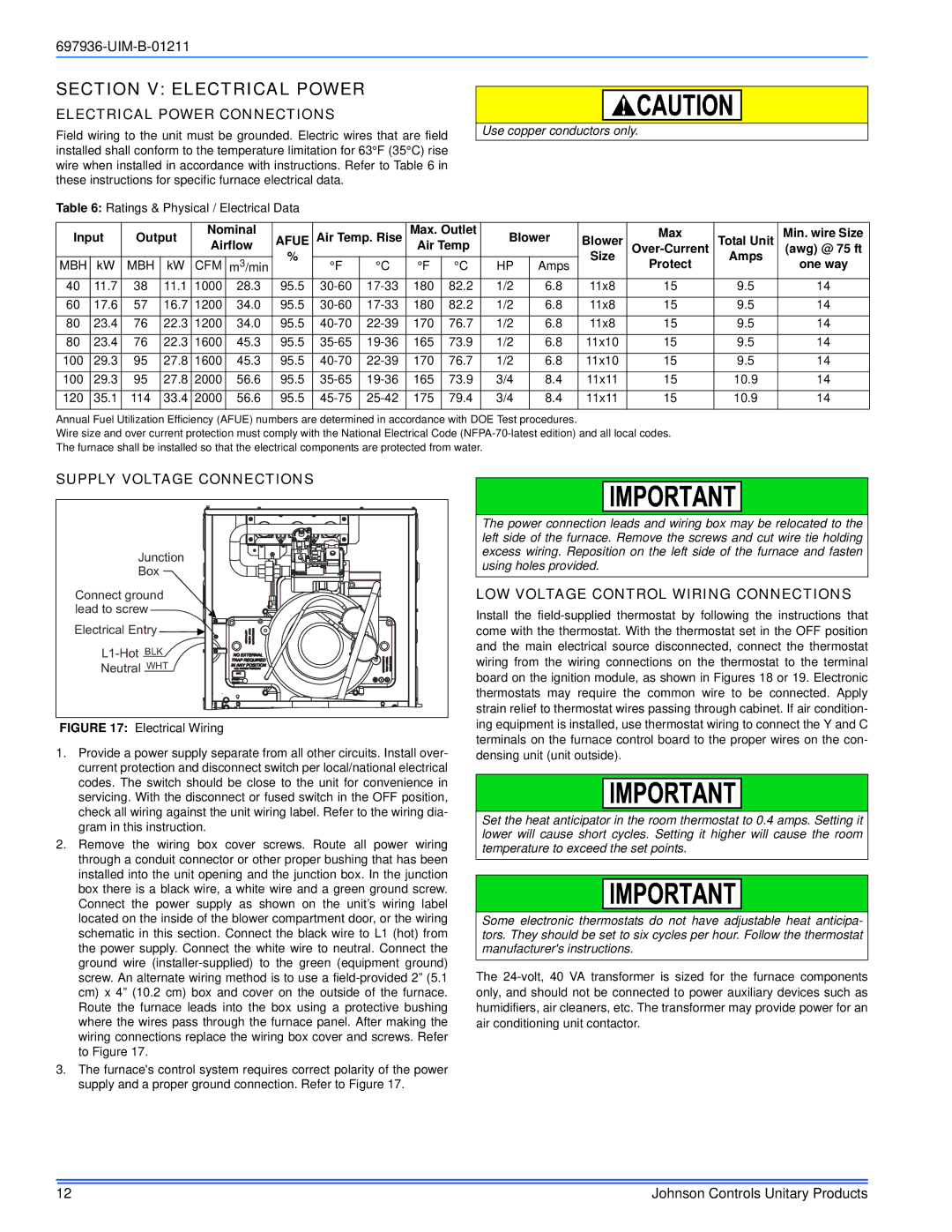 Johnson Controls TM9X*MP Section V Electrical Power, Electrical Power Connections, Supply Voltage Connections 