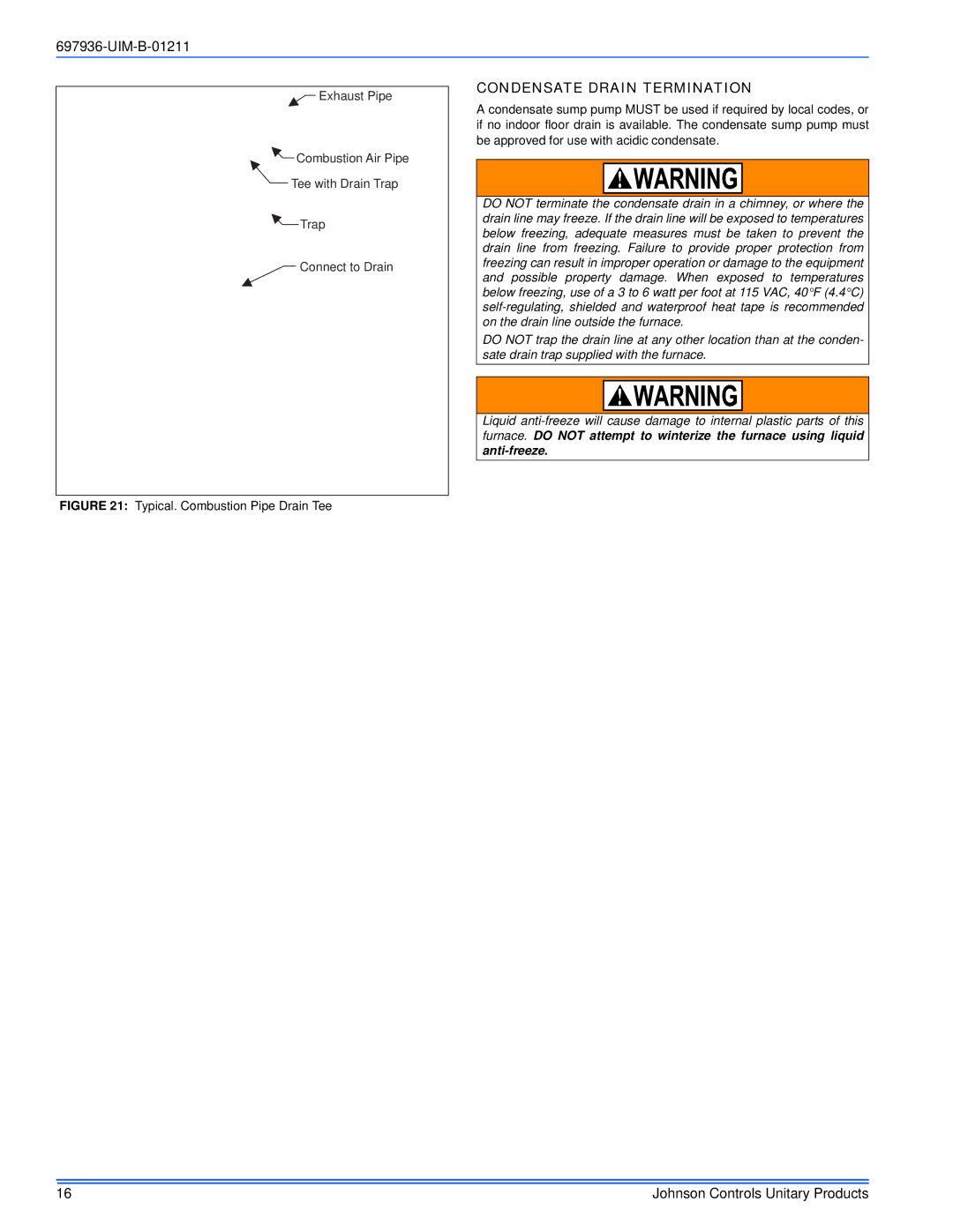 Johnson Controls TM9X*MP installation manual Condensate Drain Termination, Typical. Combustion Pipe Drain Tee 