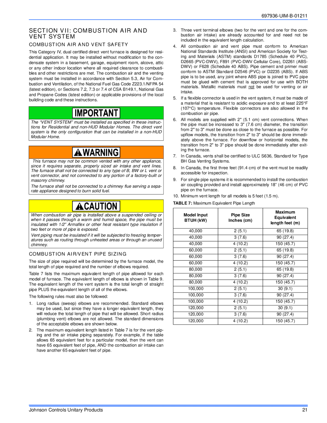 Johnson Controls TM9X*MP Section VII Combustion AIR and Vent System, Combustion AIR and Vent Safety, 150 45.7 