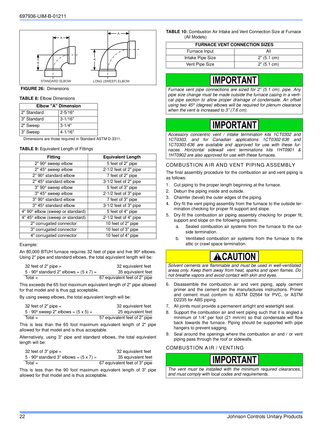 Johnson Controls TM9X*MP Combustion AIR and Vent Piping Assembly, Combustion AIR / Venting, Elbow a Dimension 