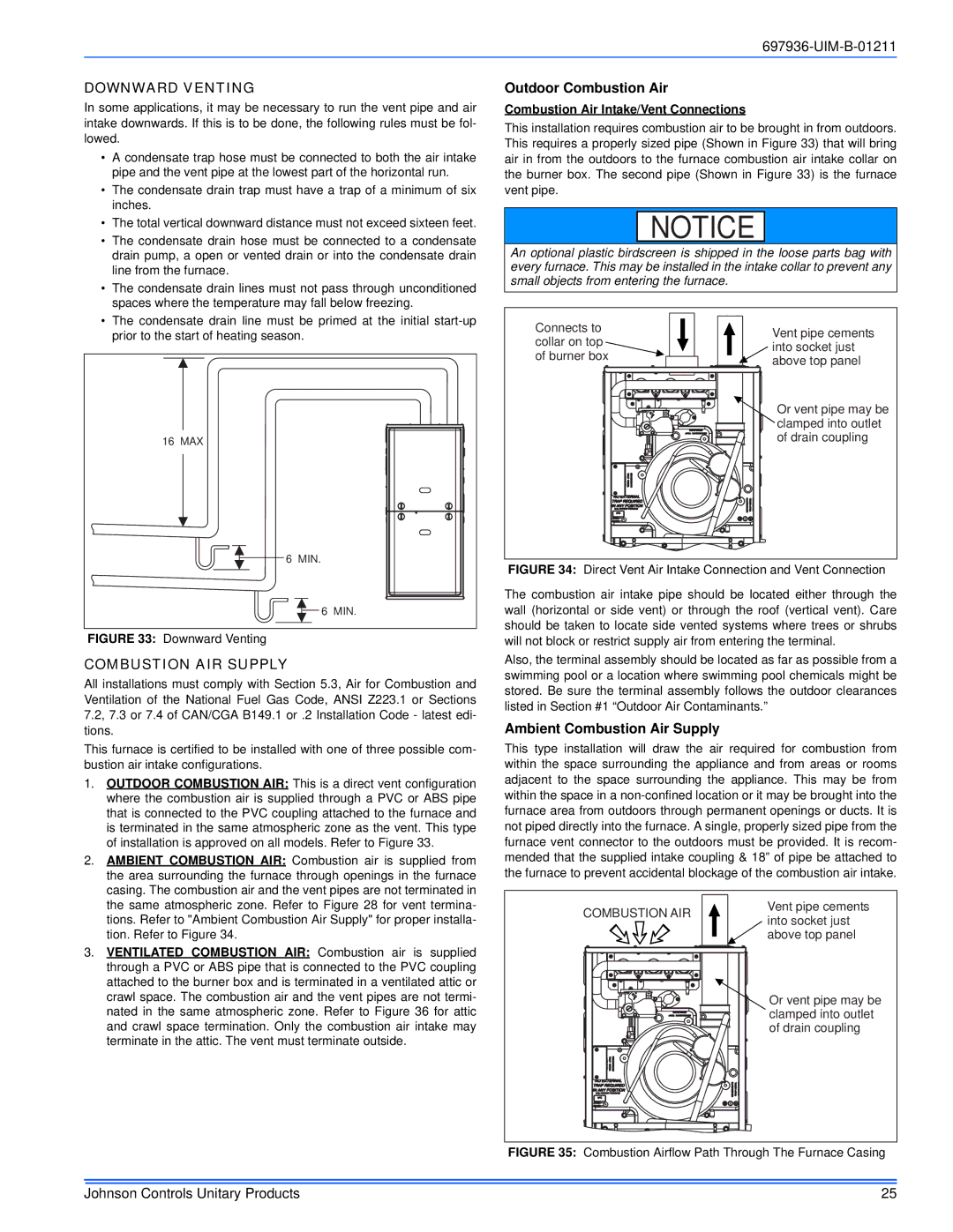 Johnson Controls TM9X*MP Downward Venting, Outdoor Combustion Air, Combustion AIR Supply, Ambient Combustion Air Supply 