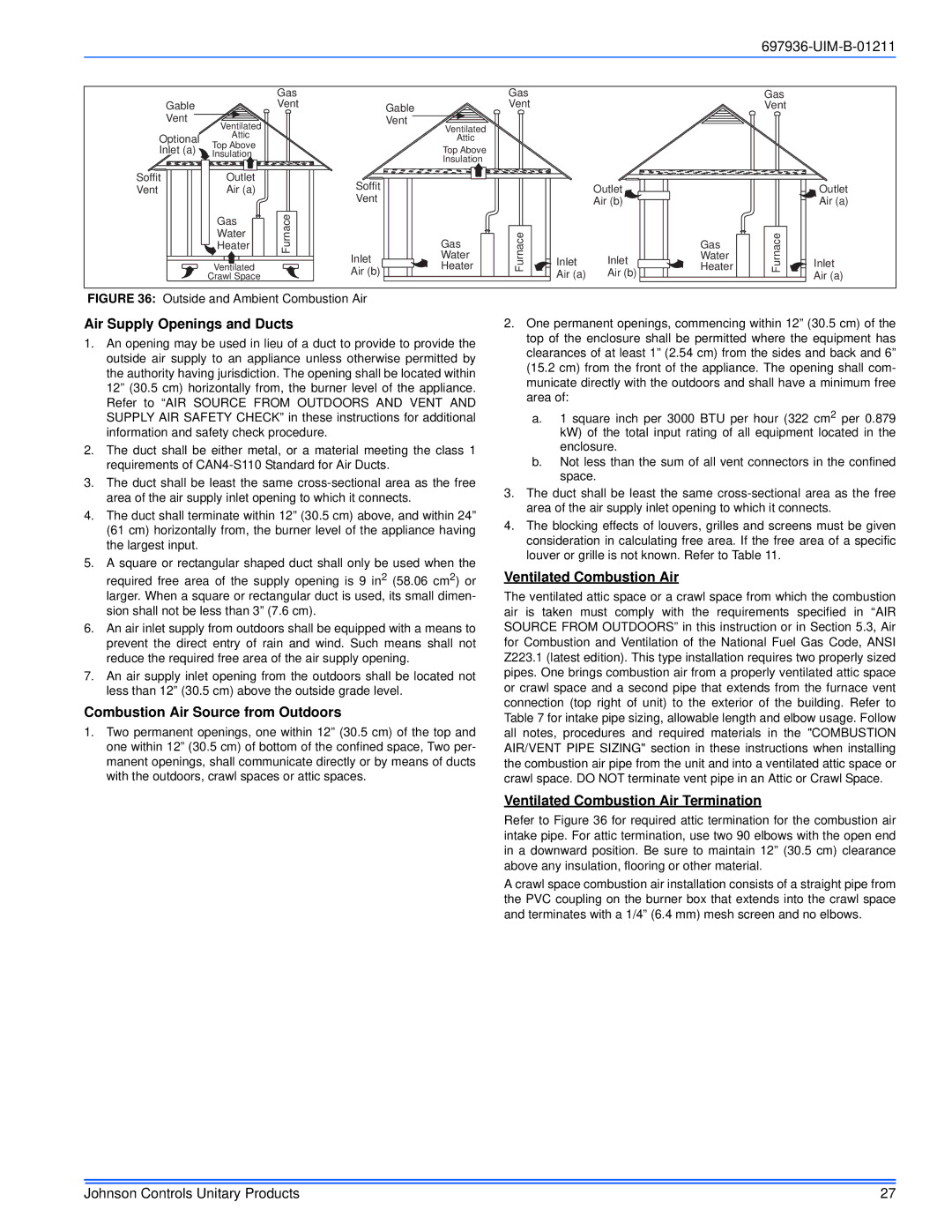 Johnson Controls TM9X*MP installation manual Air Supply Openings and Ducts, Ventilated Combustion Air Termination 