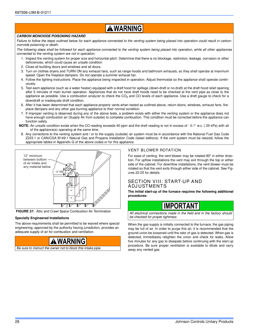 Johnson Controls TM9X*MP Section Viii START-UP Adjustments, Vent Blower Rotation, Specially Engineered Installations 