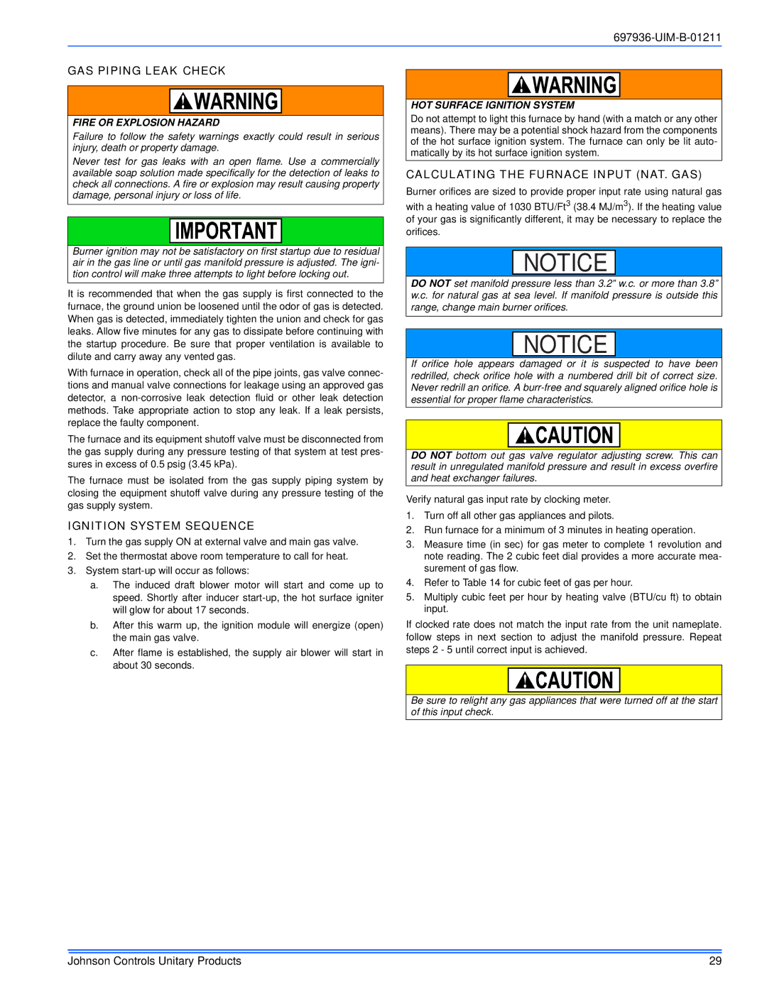 Johnson Controls TM9X*MP GAS Piping Leak Check, Ignition System Sequence, Calculating the Furnace Input NAT. GAS 