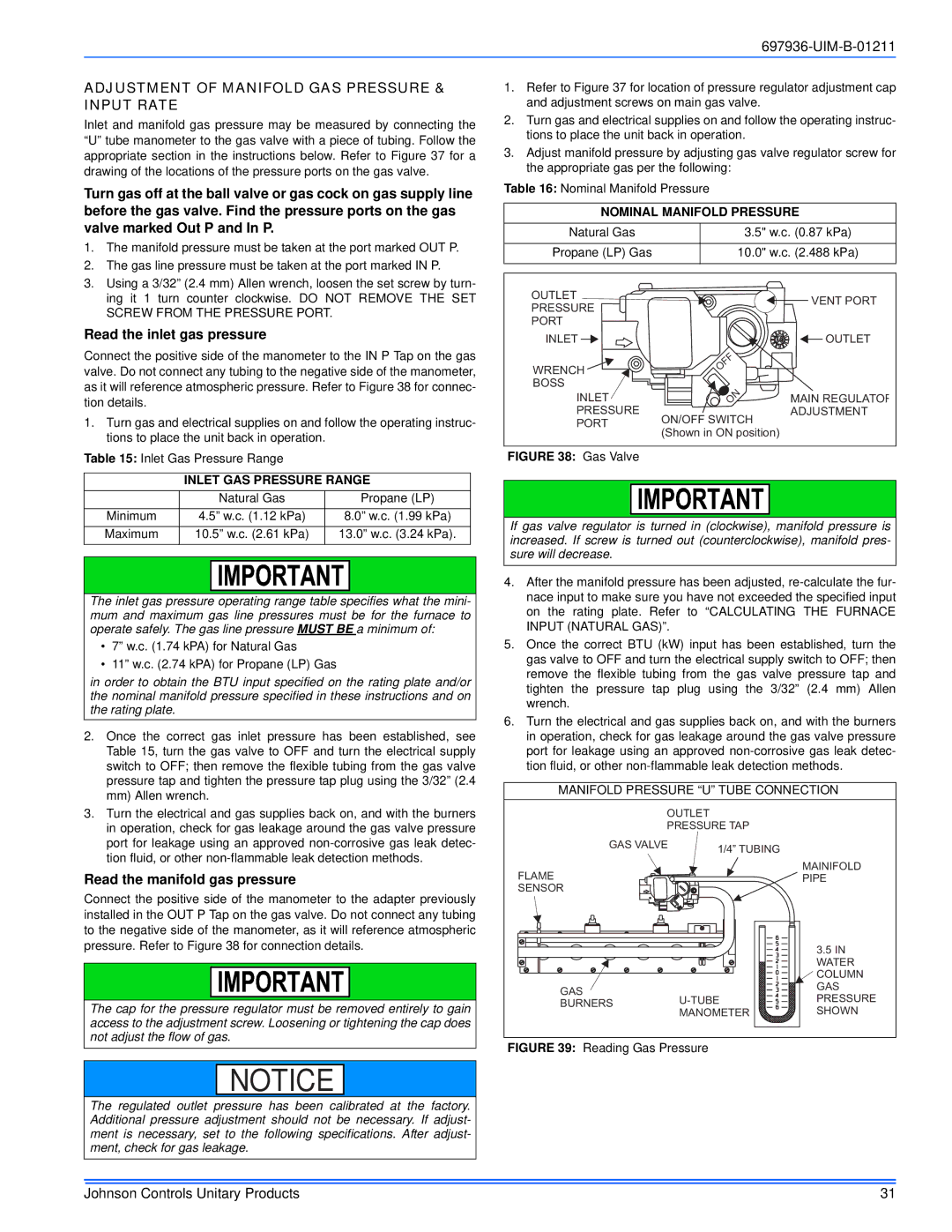 Johnson Controls TM9X*MP installation manual Adjustment of Manifold GAS Pressure & Input Rate, Read the inlet gas pressure 