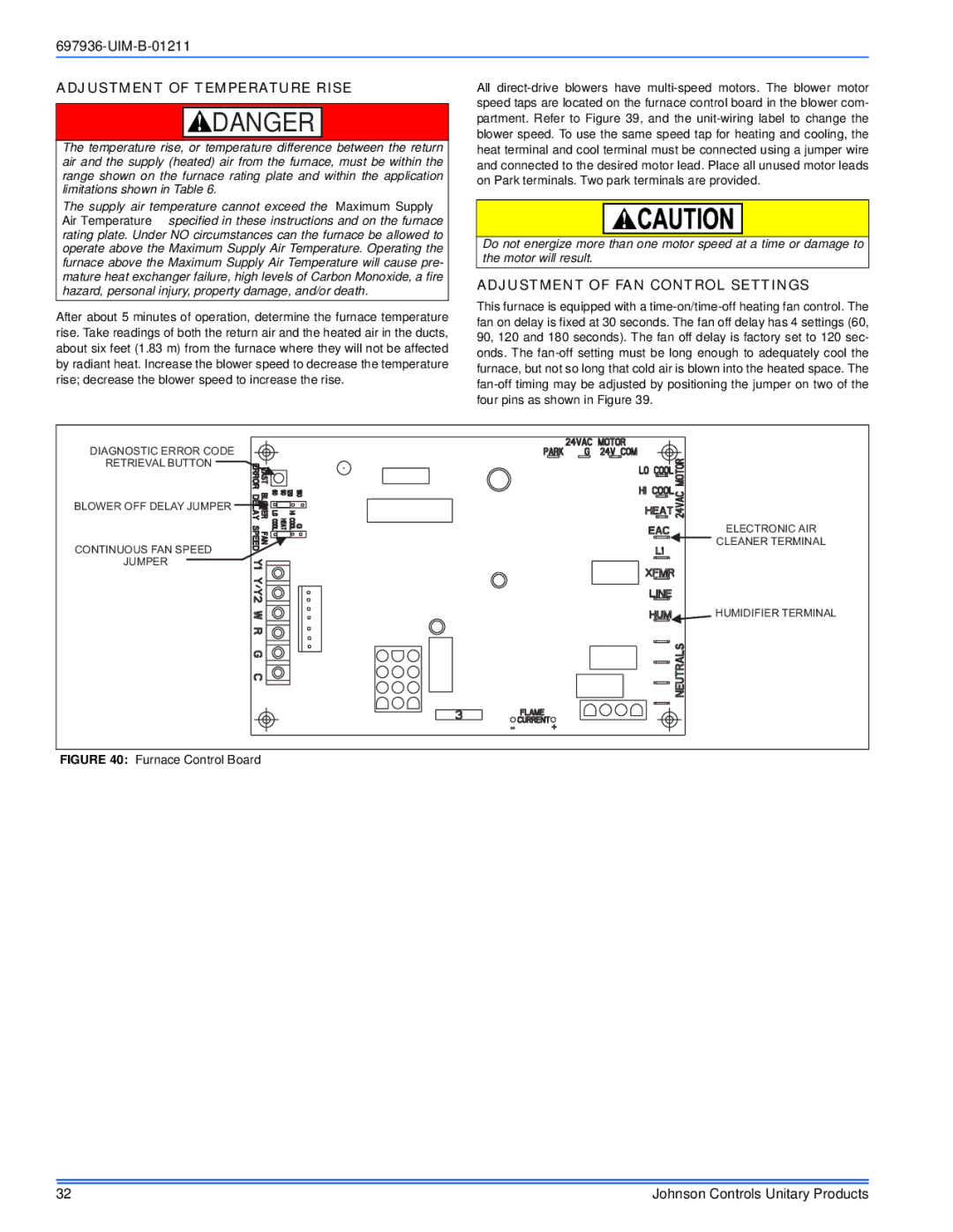 Johnson Controls TM9X*MP installation manual Adjustment of Temperature Rise, Adjustment of FAN Control Settings 