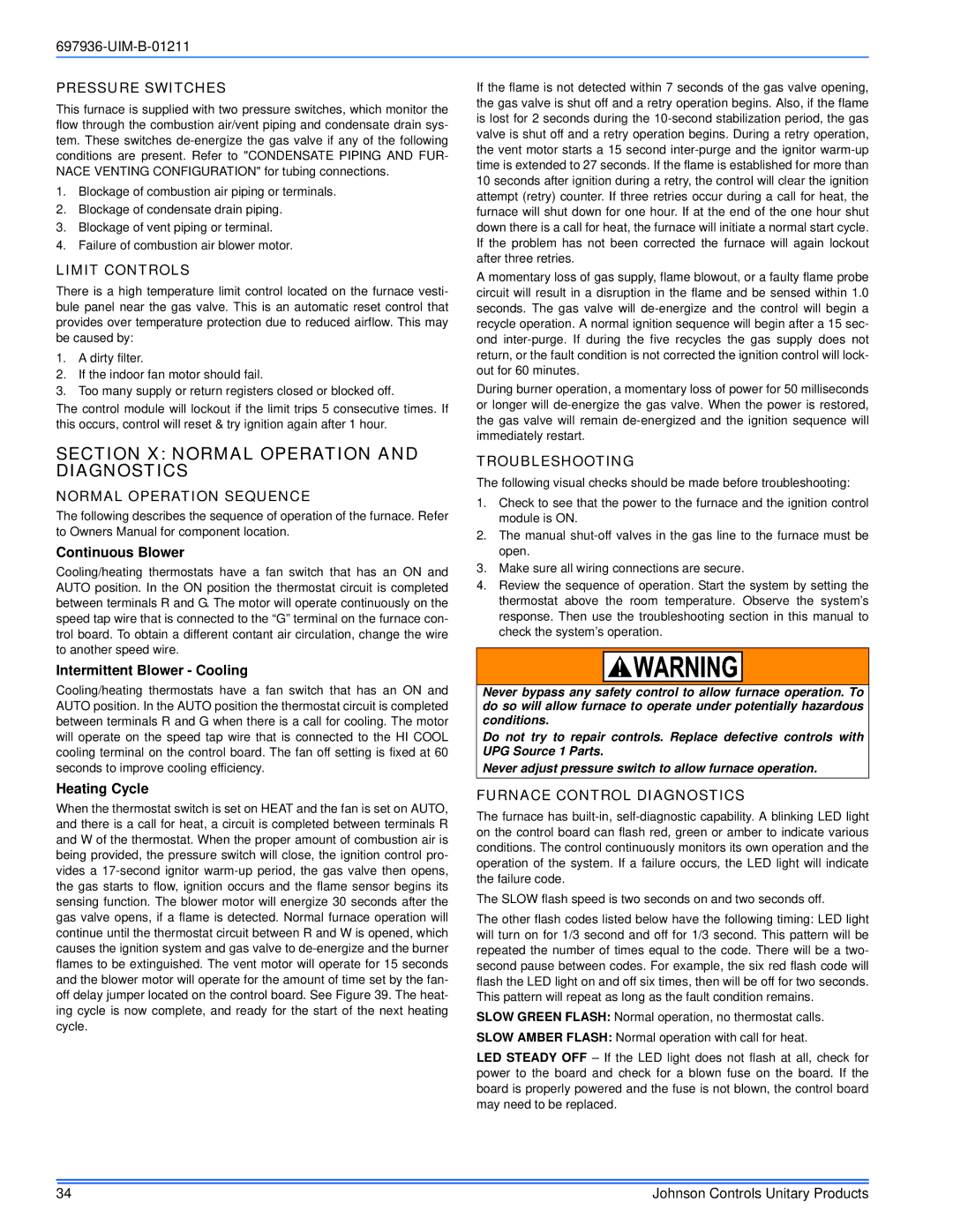 Johnson Controls TM9X*MP installation manual Section X Normal Operation and Diagnostics 