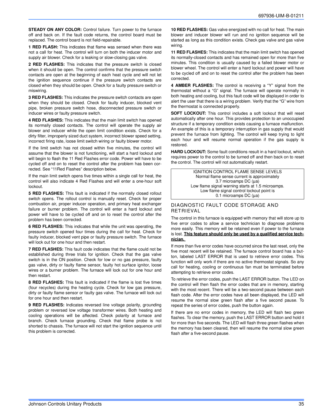 Johnson Controls TM9X*MP installation manual Diagnostic Fault Code Storage and Retrieval 