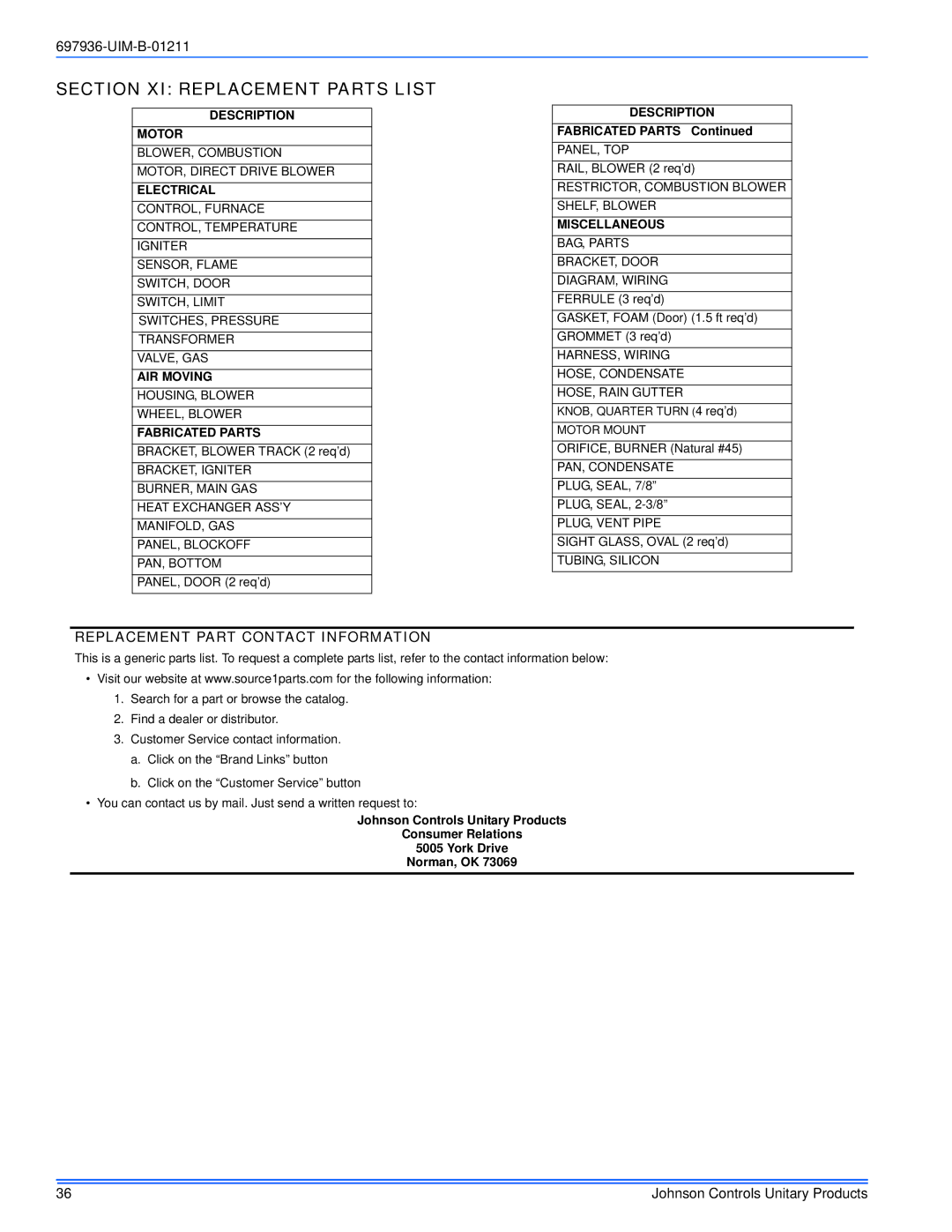 Johnson Controls TM9X*MP Section XI Replacement Parts List, Replacement Part Contact Information, Fabricated Parts 