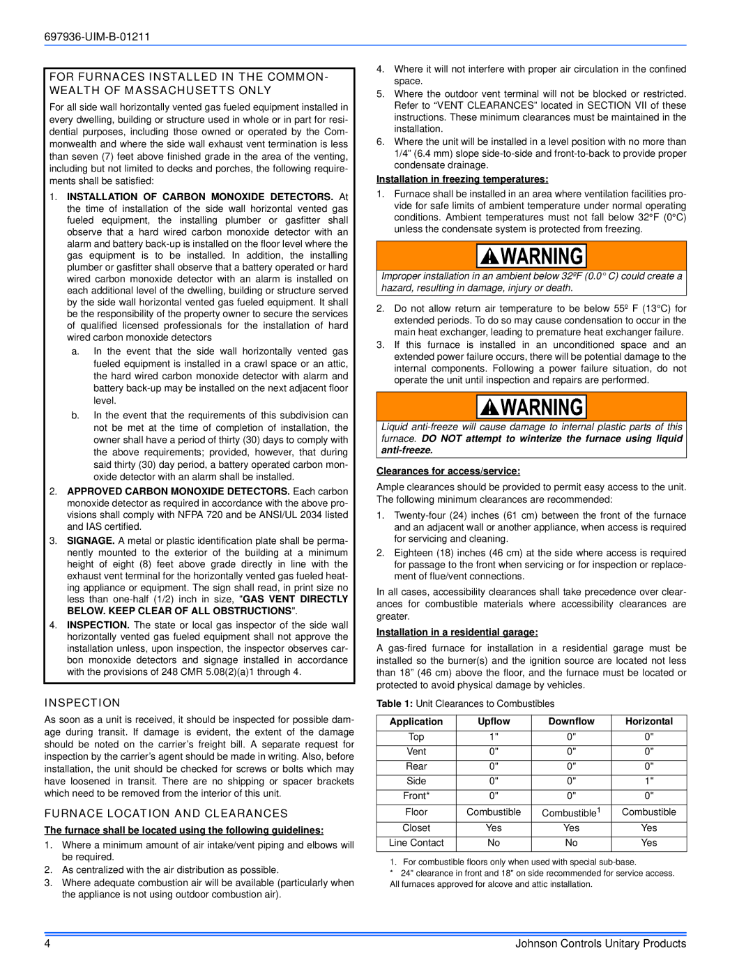 Johnson Controls TM9X*MP installation manual Inspection, Furnace Location and Clearances 