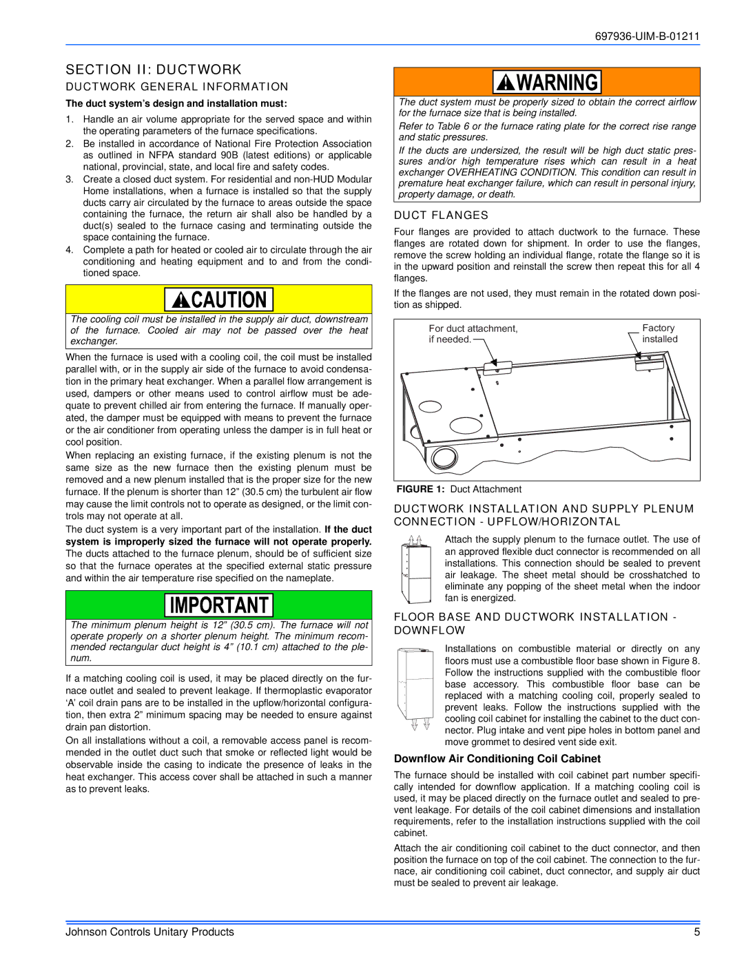 Johnson Controls TM9X*MP installation manual Section II Ductwork, Ductwork General Information, Duct Flanges 