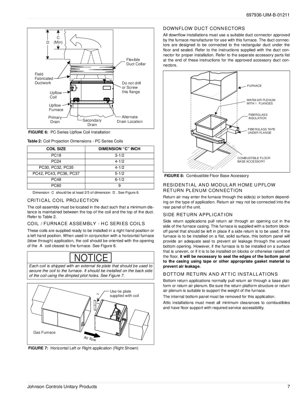 Johnson Controls TM9X*MP Critical Coil Projection, Coil / Furnace Assembly HC Series Coils, Downflow Duct Connectors 