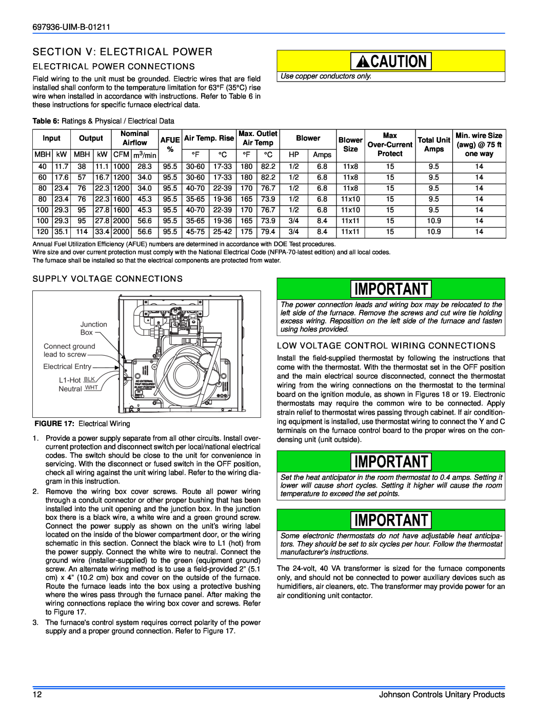 Johnson Controls TM9X*MP Section V Electrical Power, UIM-B-01211, Electrical Power Connections, Supply Voltage Connections 