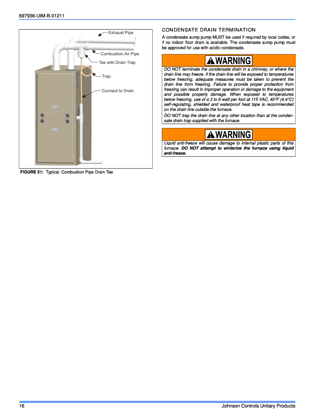 Johnson Controls TM9X*MP installation manual UIM-B-01211, Condensate Drain Termination, Typical. Combustion Pipe Drain Tee 