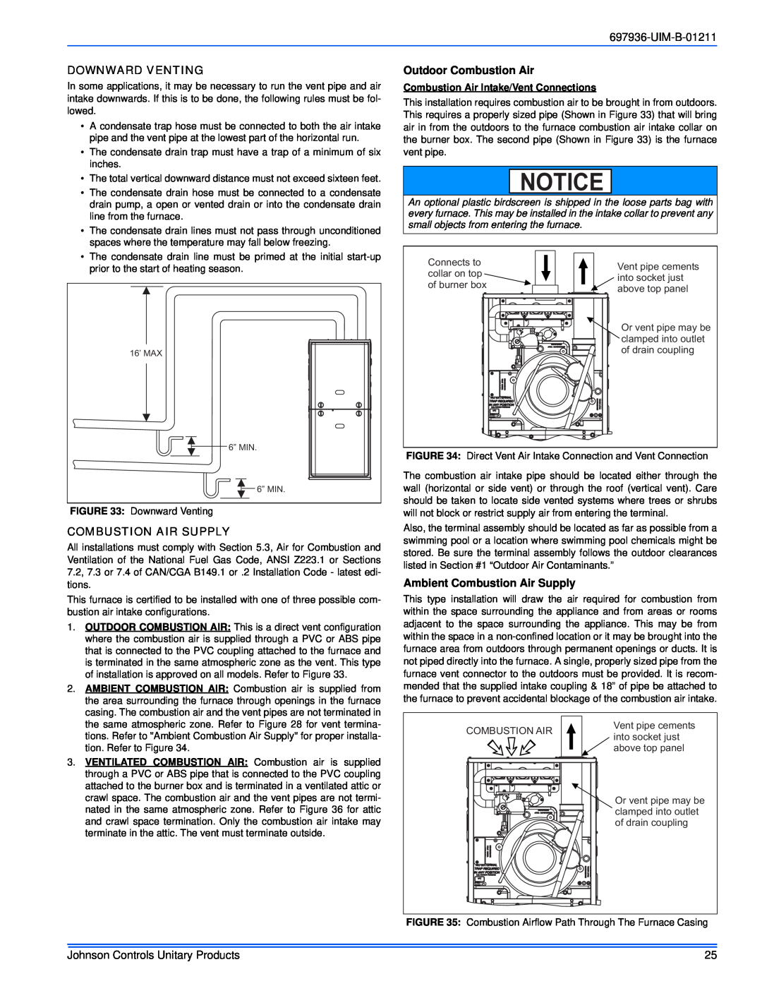 Johnson Controls TM9X*MP installation manual UIM-B-01211, Downward Venting, Outdoor Combustion Air, Combustion Air Supply 