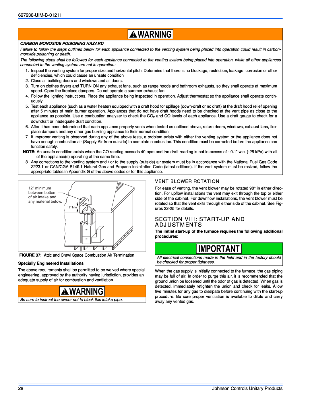Johnson Controls TM9X*MP installation manual Section Viii Start-Upand Adjustments, UIM-B-01211, Vent Blower Rotation 