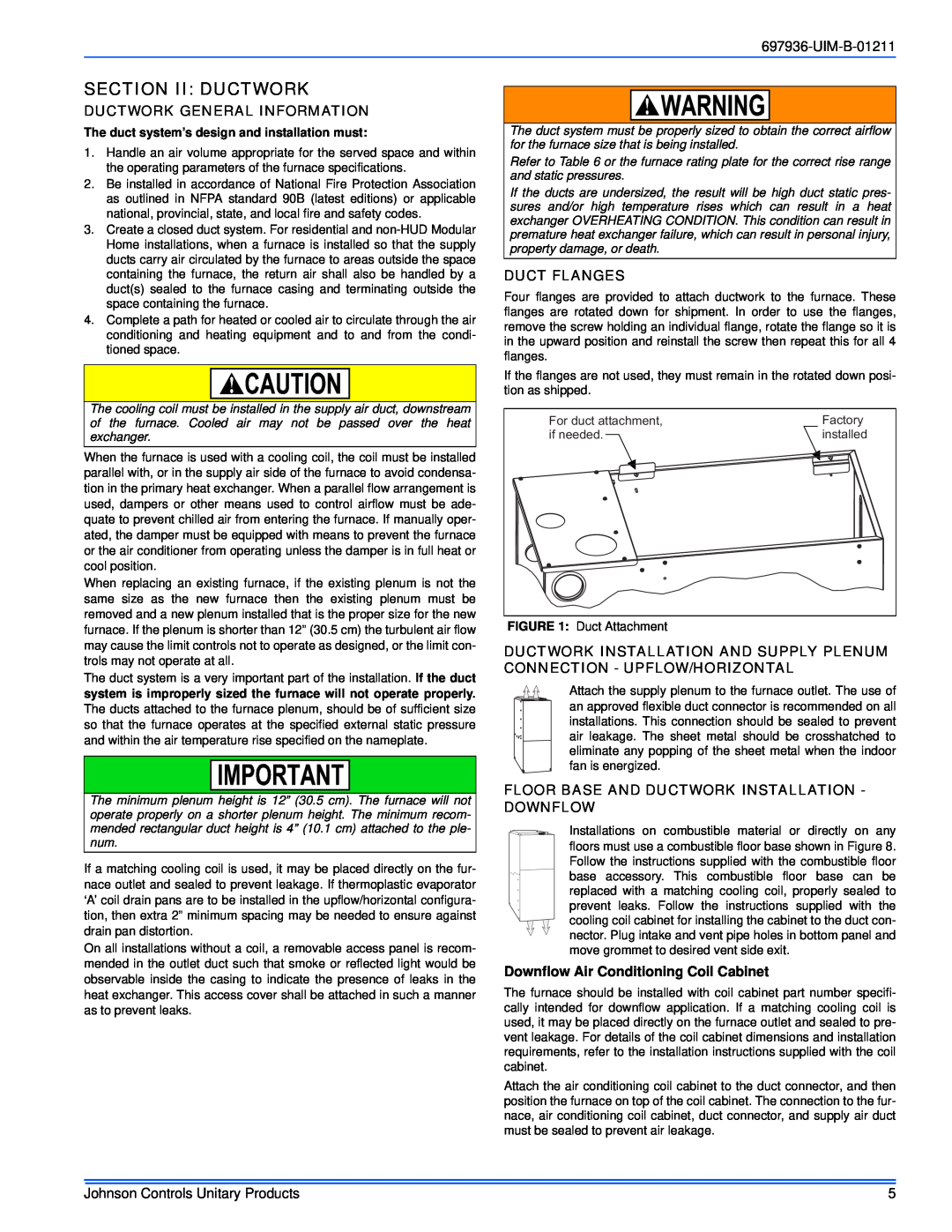 Johnson Controls TM9X*MP installation manual Section Ii Ductwork, UIM-B-01211, Ductwork General Information, Duct Flanges 