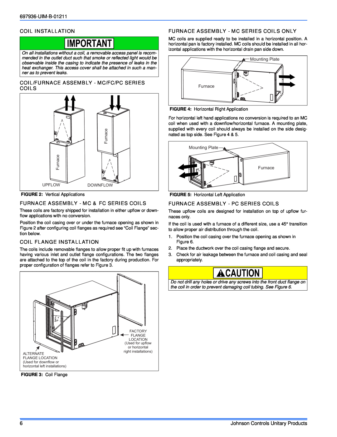 Johnson Controls TM9X*MP installation manual UIM-B-01211, Coil Installation, Coil/Furnace Assembly - Mc/Fc/Pc Series Coils 