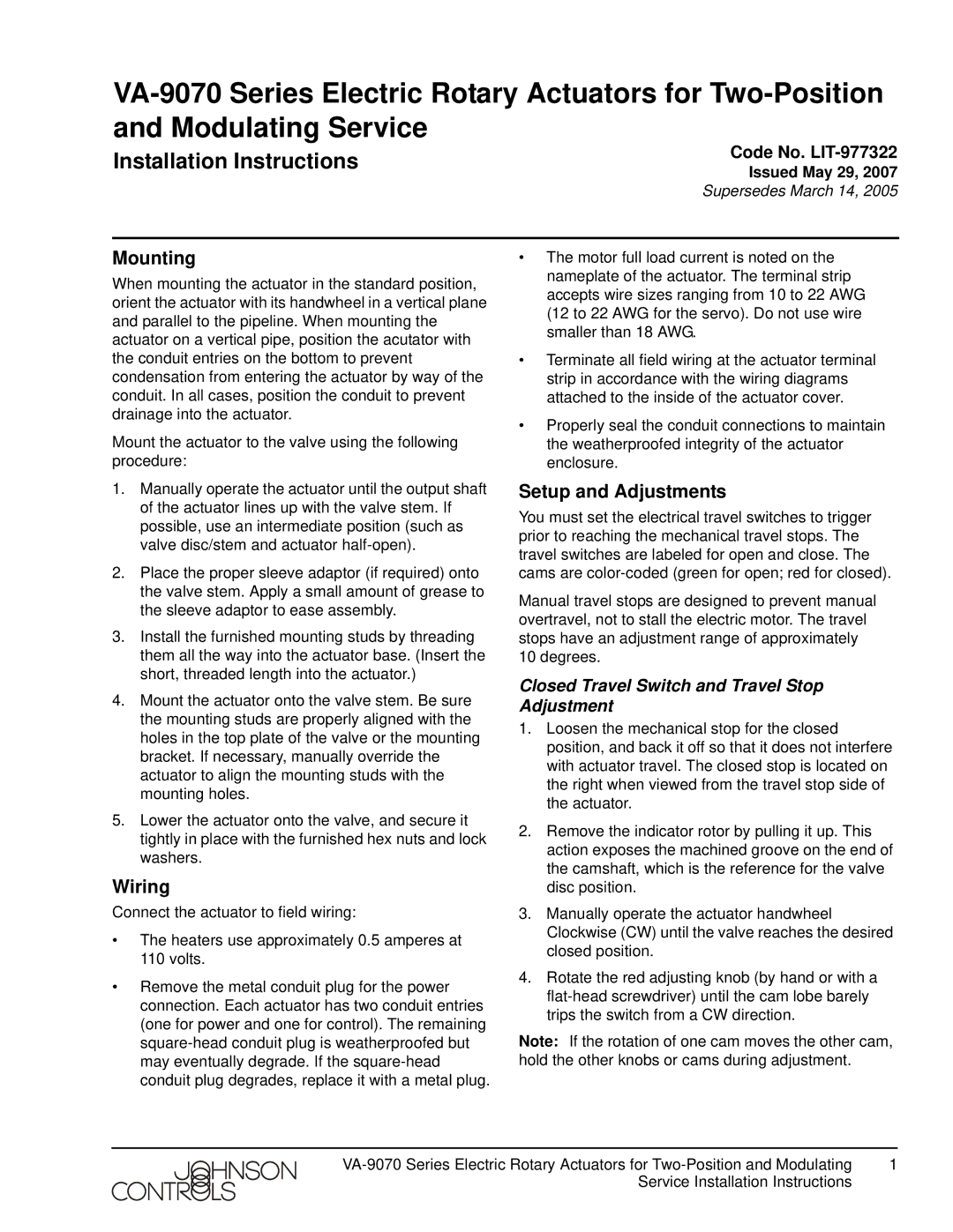 Johnson Controls VA-9070 installation instructions Mounting, Wiring, Setup and Adjustments, Issued May 29 