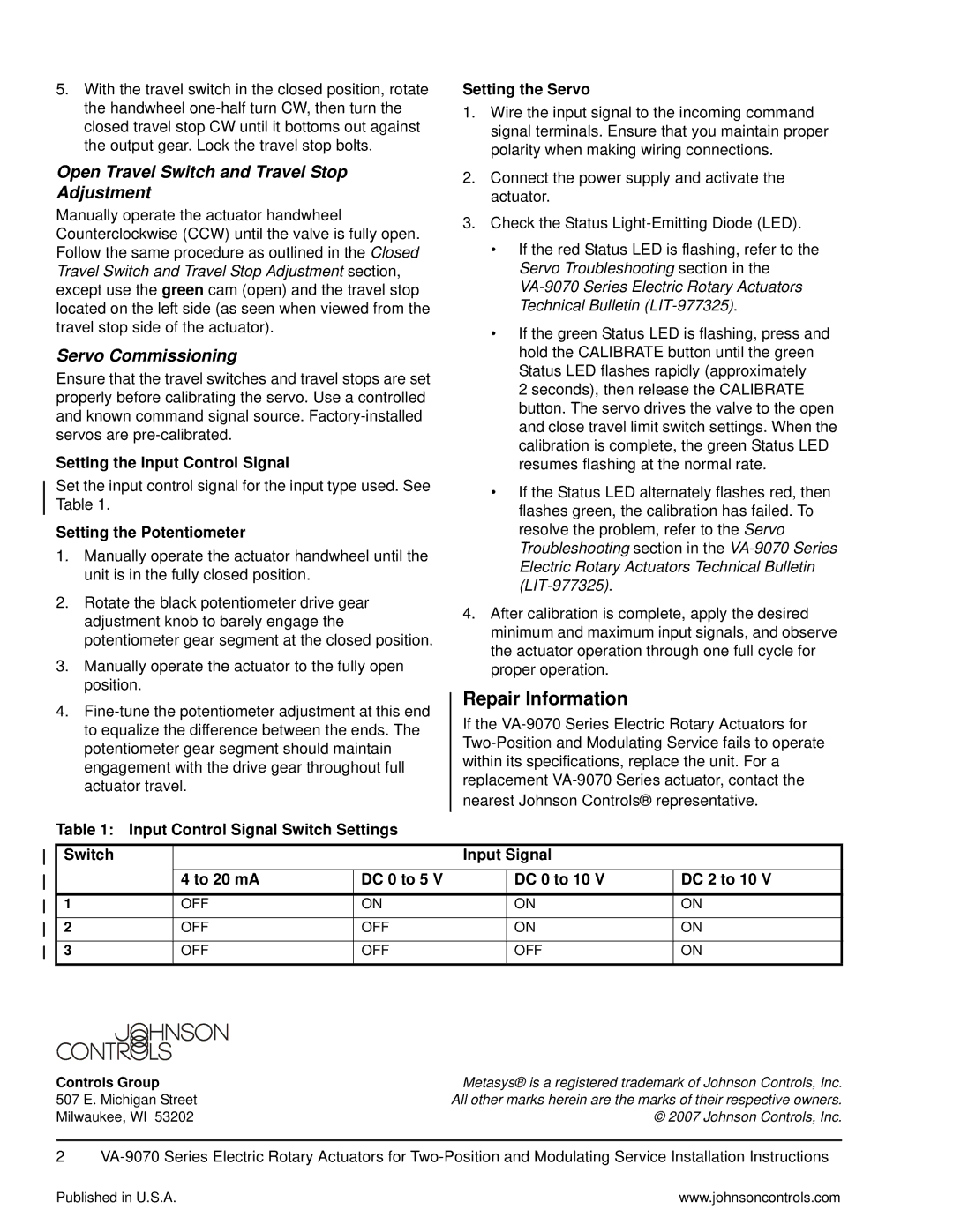 Johnson Controls VA-9070 Repair Information, Open Travel Switch and Travel Stop Adjustment, Servo Commissioning 