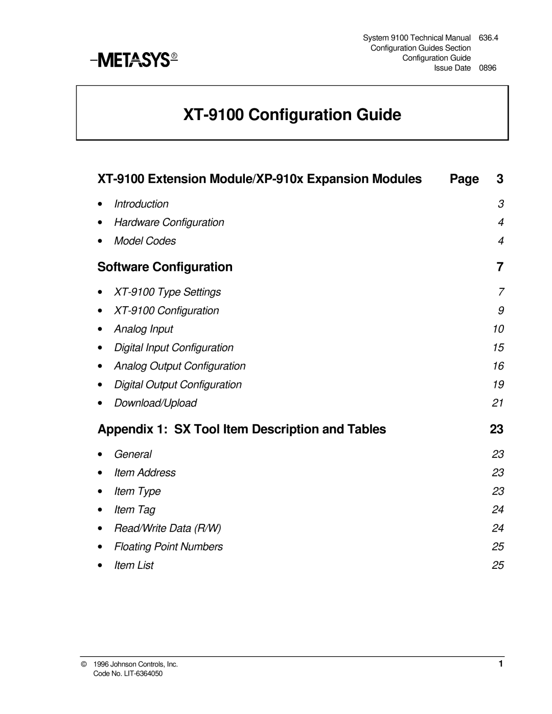 Johnson Controls XP-910x appendix XT-9100 Configuration Guide 