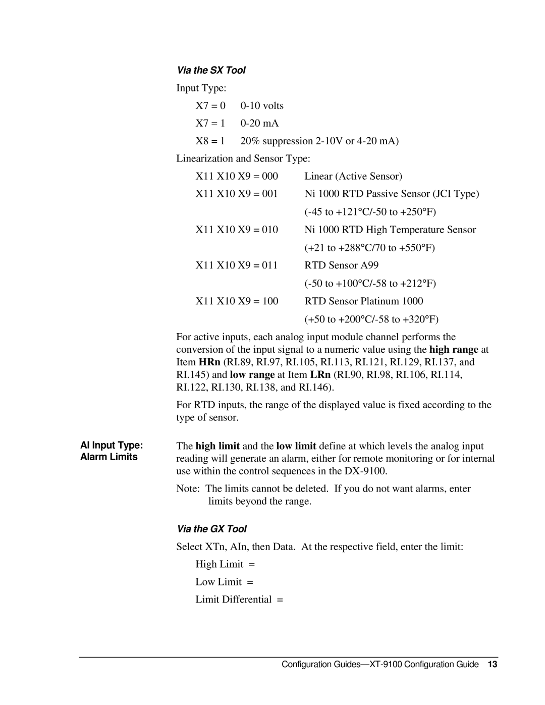 Johnson Controls XT-9100, XP-910x appendix AI Input Type Alarm Limits 