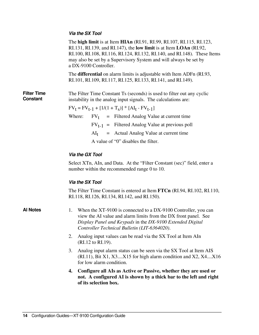 Johnson Controls XP-910x, XT-9100 appendix Filter Time Constant AI Notes 