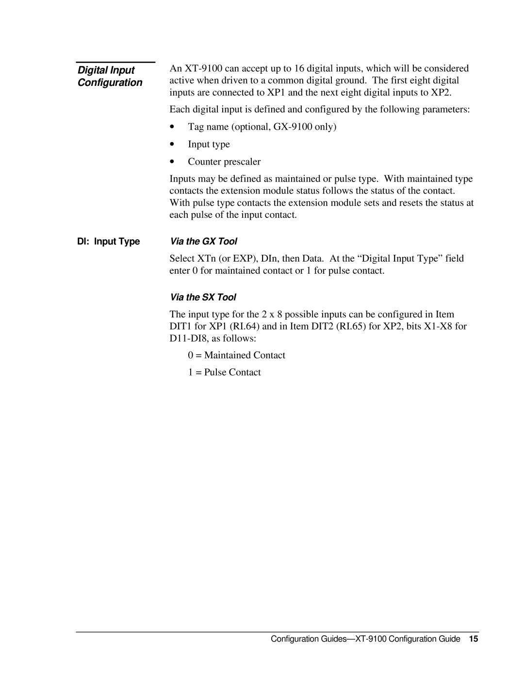 Johnson Controls XT-9100, XP-910x appendix Digital Input Configuration 