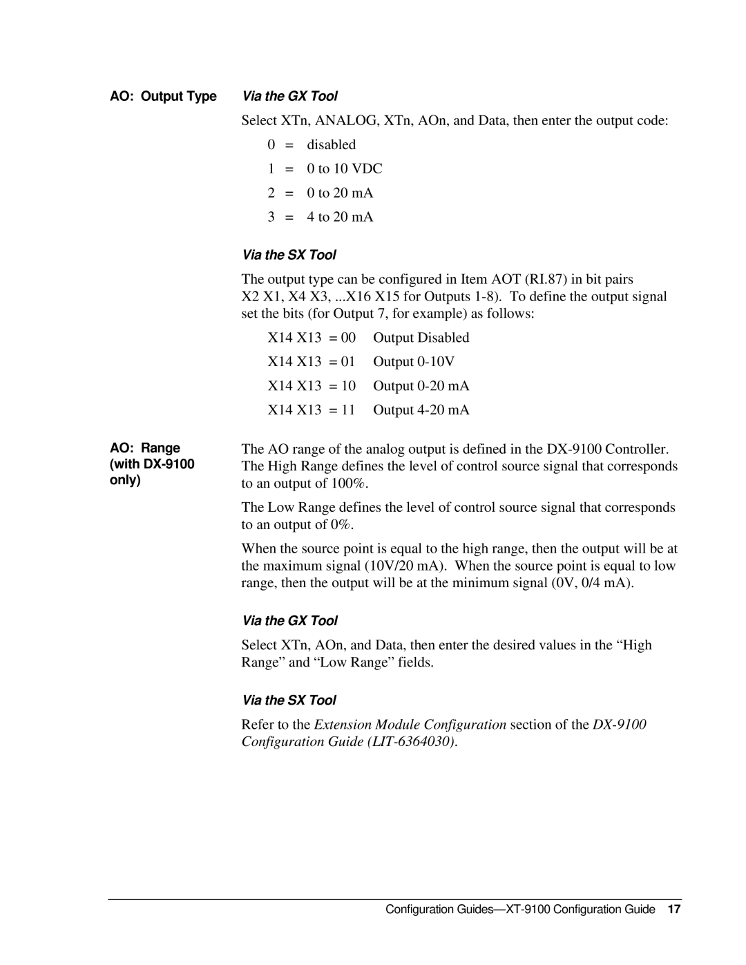 Johnson Controls XT-9100, XP-910x appendix AO Output Type Via the GX Tool 