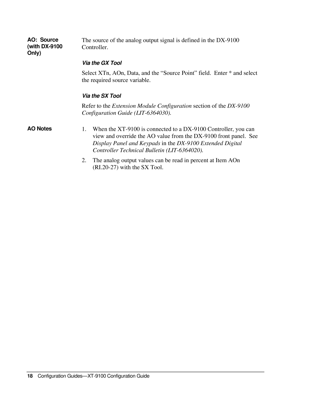 Johnson Controls XP-910x, XT-9100 appendix AO Source With DX-9100 Only AO Notes 