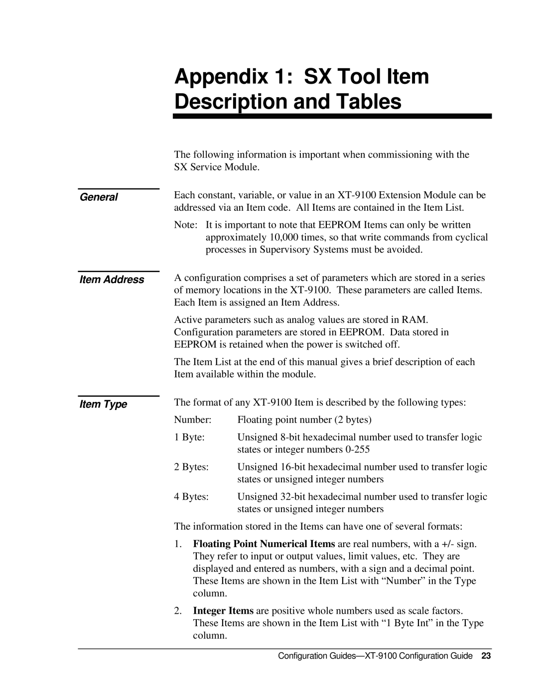 Johnson Controls XT-9100, XP-910x appendix Appendix 1 SX Tool Item Description and Tables, General Item Address Item Type 