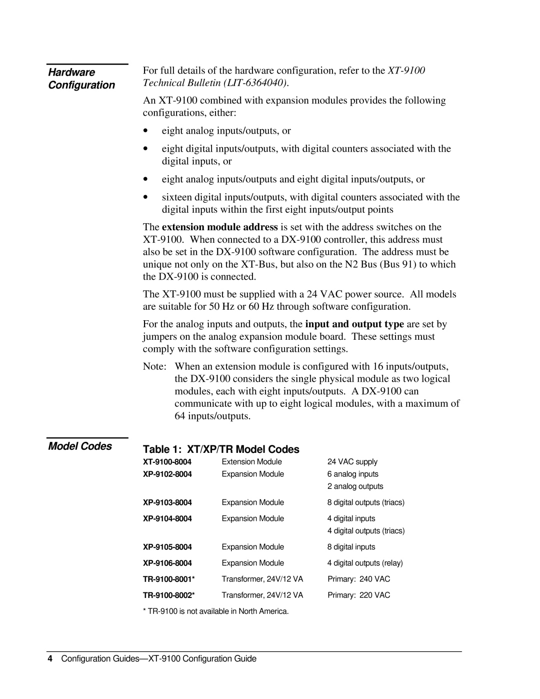 Johnson Controls XP-910x, XT-9100 appendix Hardware Configuration Model Codes, XT/XP/TR Model Codes 