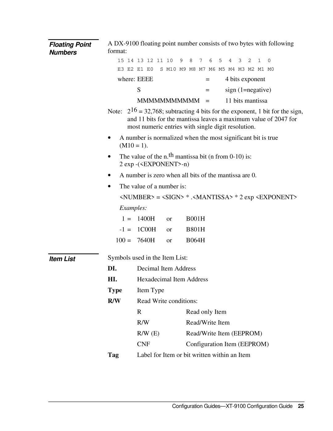 Johnson Controls XT-9100, XP-910x appendix Floating Point Numbers Item List, Examples 