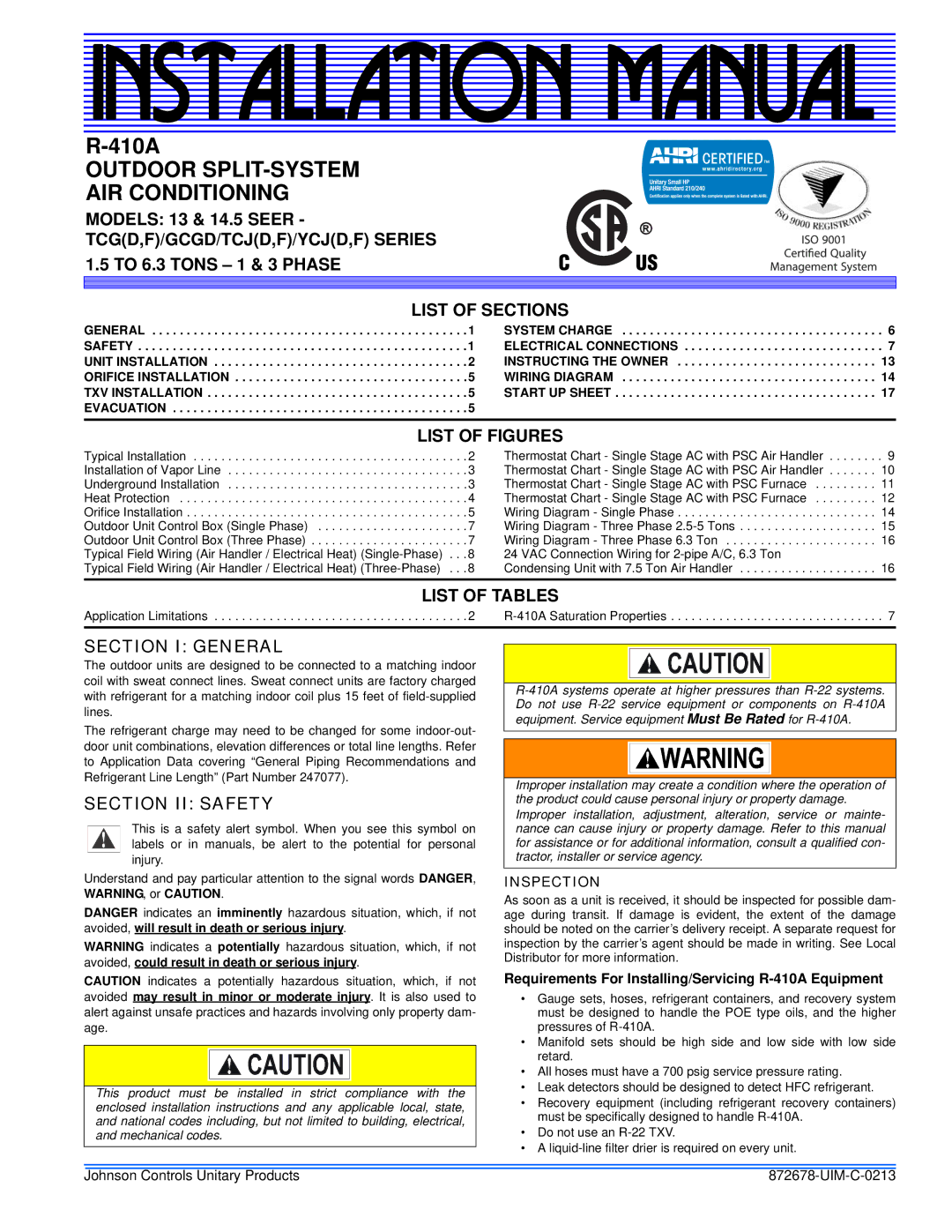 Johnson Controls TCJ(D, YCJ(D, F) installation manual List of Figures, List of Tables, Section I General, Section II Safety 