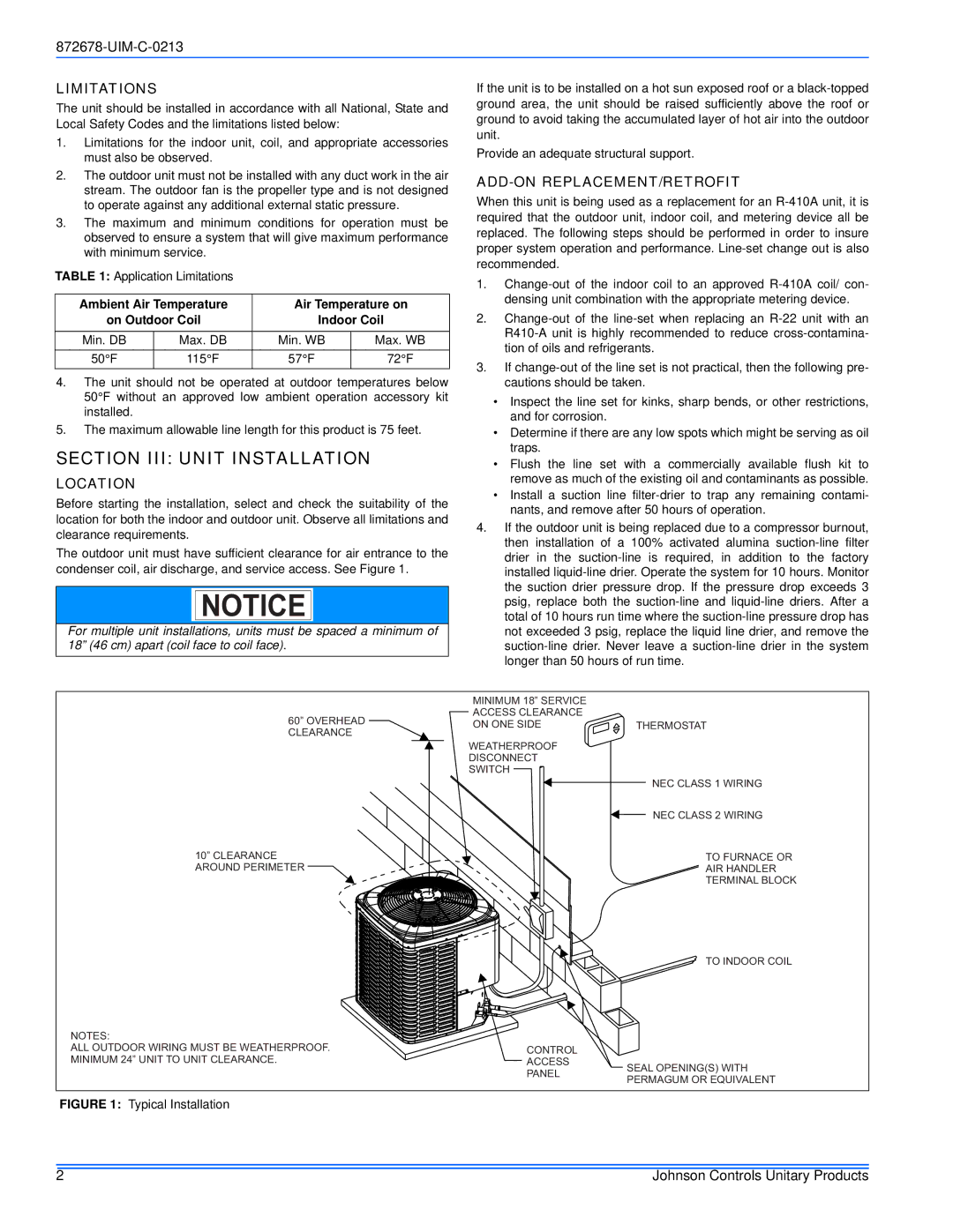 Johnson Controls GCGD, YCJ(D, TCJ(D, F) Section III Unit Installation, Limitations, Location, Add-On Replacement/Retrofit 