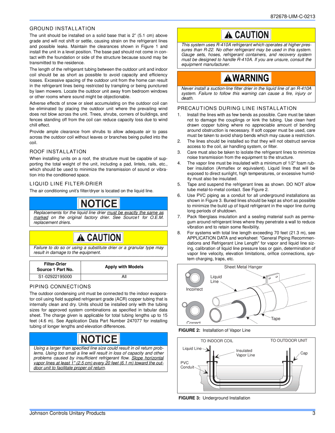 Johnson Controls F), YCJ(D, TCJ(D, GCGD Ground Installation, Roof Installation, Liquid Line FILTER-DRIER, Piping Connections 