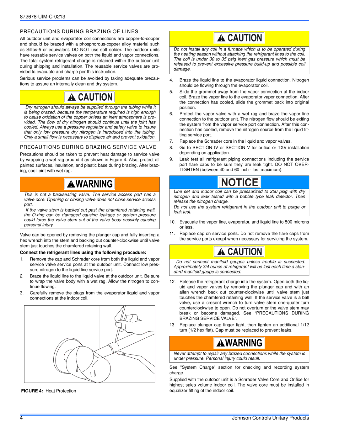 Johnson Controls 13 & 14.5 SEER - TCG(D, F) Precautions During Brazing of Lines, Precautions During Brazing Service Valve 