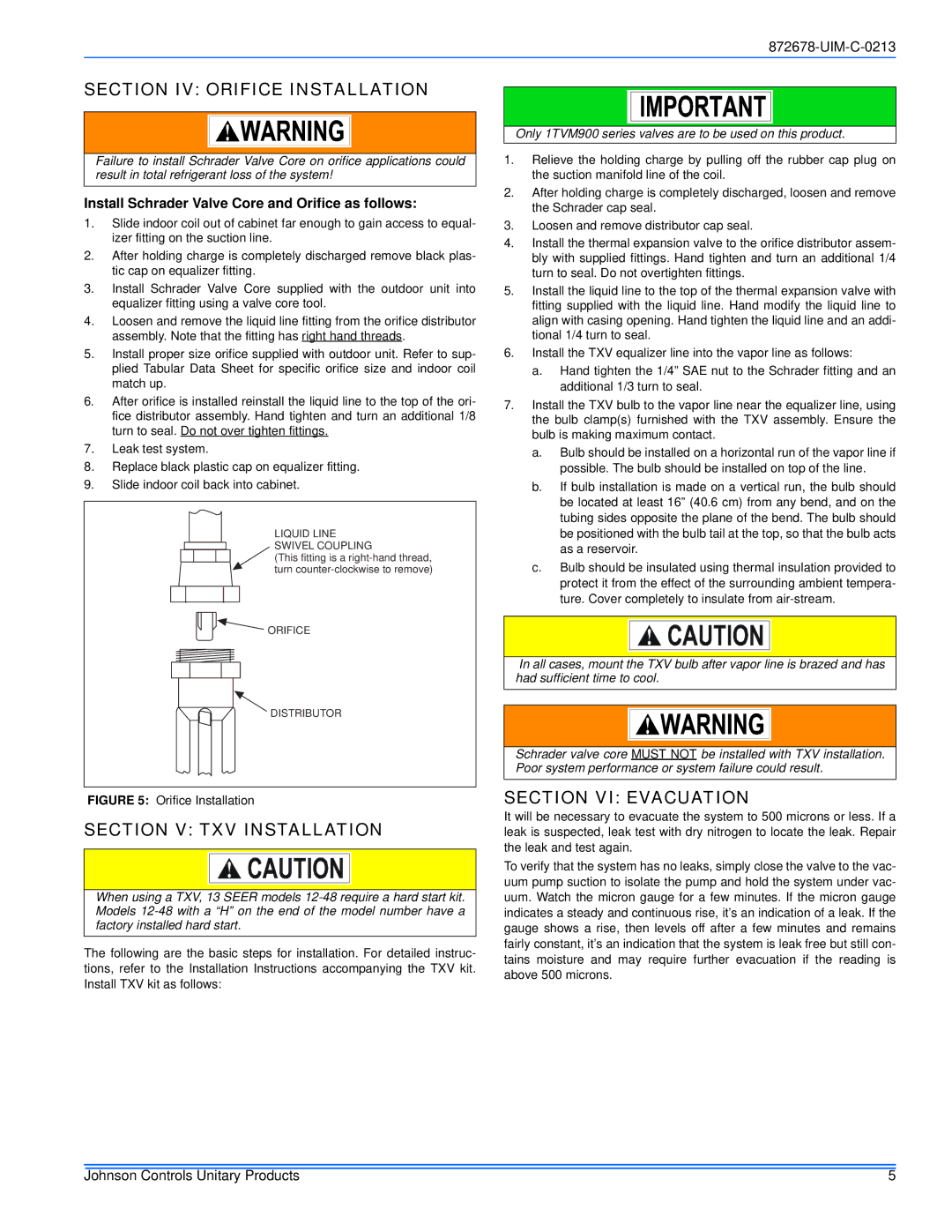 Johnson Controls F) SERIES, YCJ(D, TCJ(D Section IV Orifice Installation, Section V TXV Installation, Section VI Evacuation 