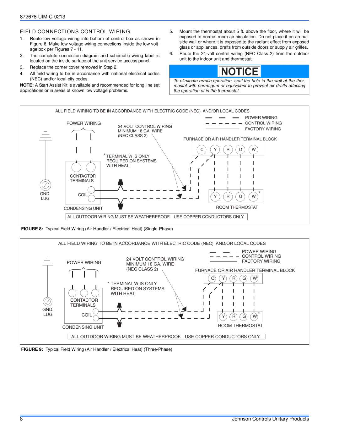 Johnson Controls GCGD, YCJ(D, TCJ(D, 13 & 14.5 SEER - TCG(D, F) SERIES Field Connections Control Wiring, Power Wiring 