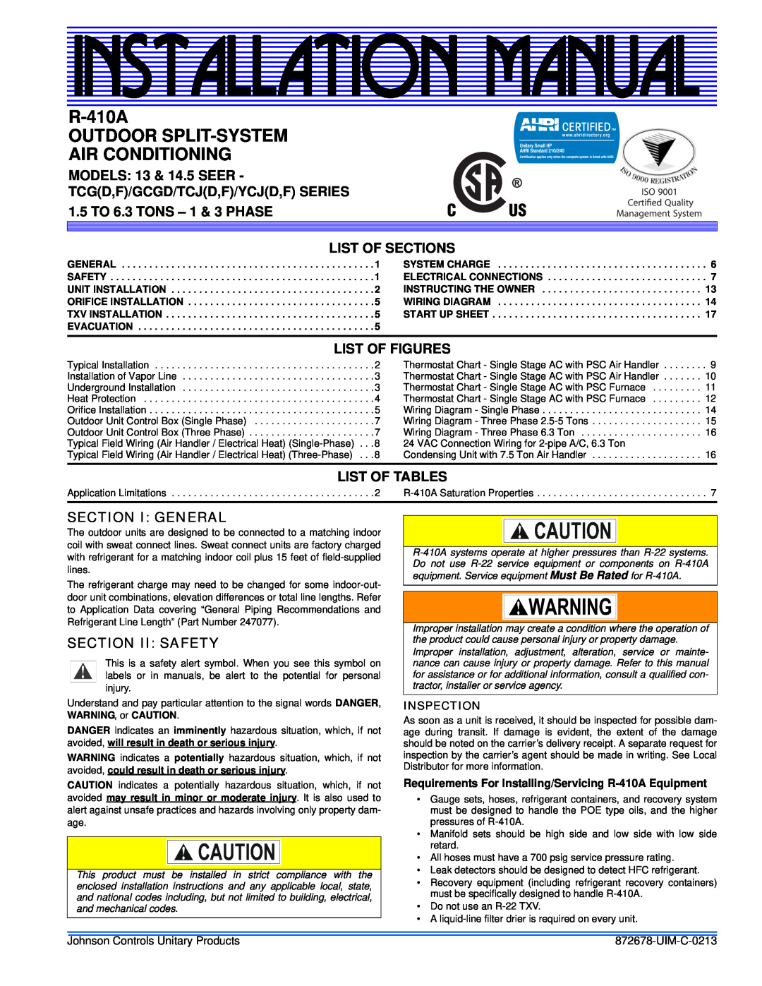 Johnson Controls TCJ(D, YCJ(D installation manual MODELS 13 & 14.5 SEER, List Of Sections, List Of Figures, List Of Tables 