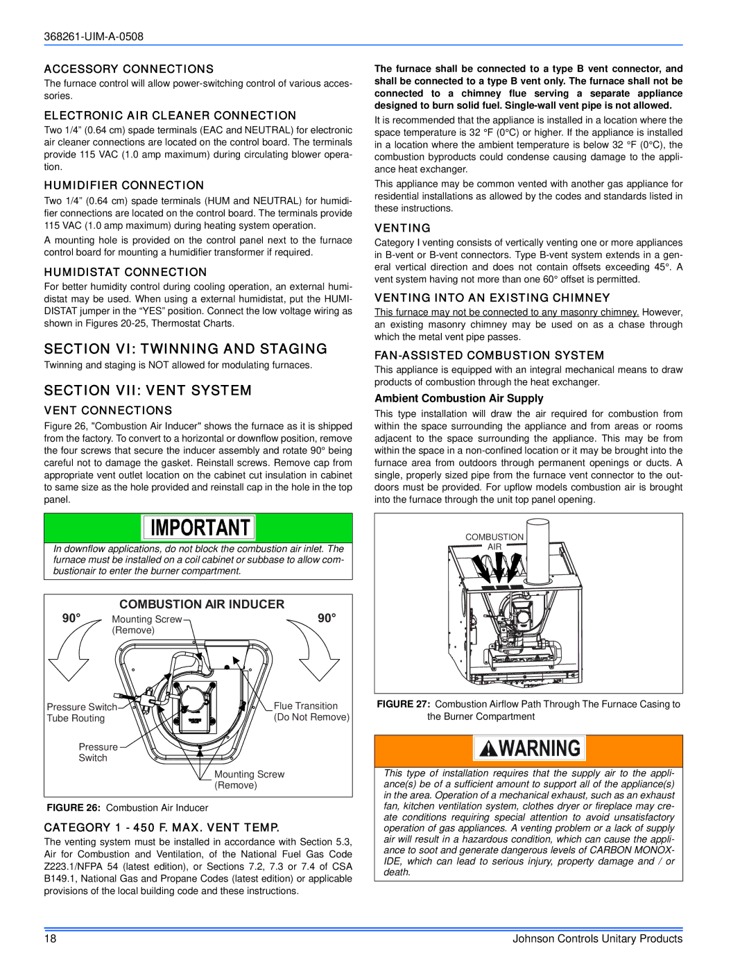 Johnson Controls LM8M/LMLM*MP, YM8M/YMLM*MP, TM8M/TMLM*MP Section VI Twinning and Staging, Section VII Vent System 